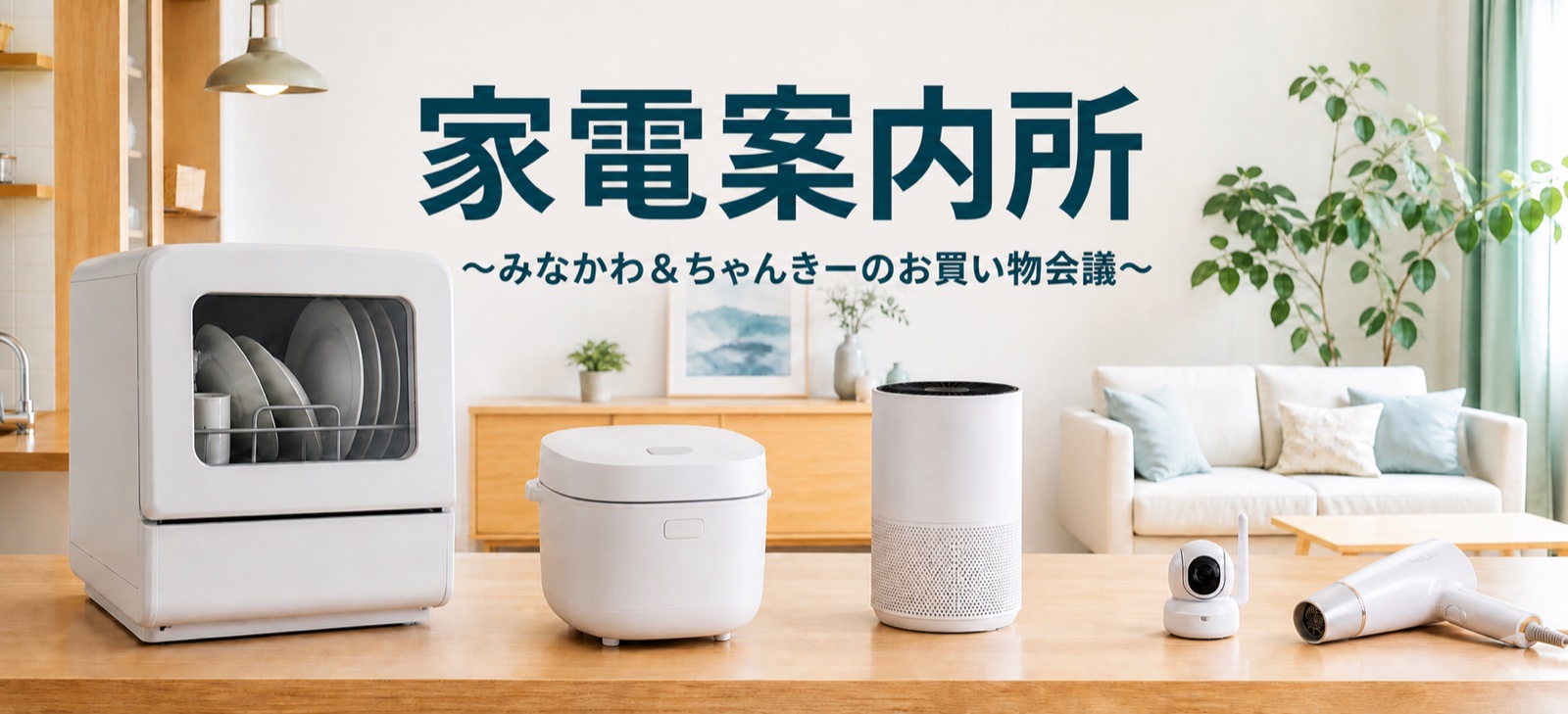 家電案内所。みなかわとちゃんきーのお買い物会議。明るい室内に食洗機、炊飯器、空気清浄機、見守りカメラ、ドライヤーが並ぶ様子